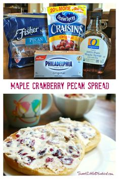 the ingredients to make maple cranberry pecan bread are shown in this collage