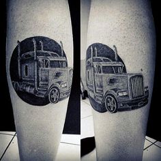 two tattoos on the legs of people with trucks