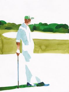 a watercolor painting of a man playing golf