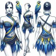 a drawing of a woman in blue and gold costume with two parrots on her shoulders