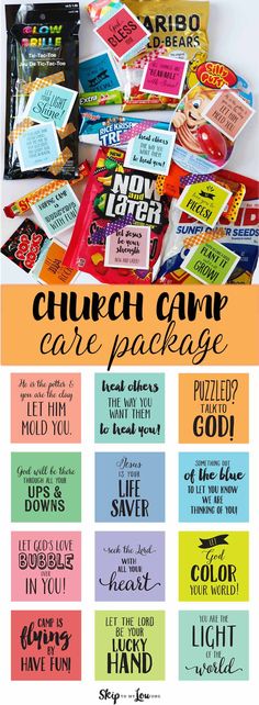 a poster with the words church camp care package written on it and various cards in different colors