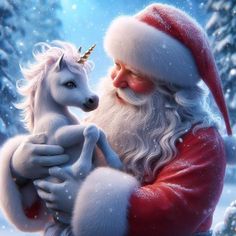 santa claus holding a unicorn in the snow