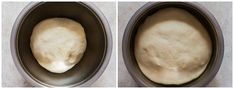 two pictures of bread dough in an oven