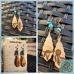 Southwestern Asymmetrical Engraved Wood Turquoise Earrings, western jewelry, pendant earrings, boho feathers, antler skull, dreamcatcher #GiftForWomen #LaserEngraved #AntlerSkull #TurquoiseJewelry #southwestern #OOAK #asymmetrical #DropEarrings #DangleEarrings #copper Bohemian Etched Dangle Jewelry, Earrings Western, Easy Jewelry, Boho Feathers, Owl Earrings, Planner Charms, Owl Jewelry, Zipper Charms, Beaded Handbag