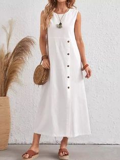 Loose Sleeveless Asymmetric Buttoned Split-front Split-Joint Round-neck Midi Dresses WHITE-S Casual Sleeveless Plain Maxi Dress, Casual White Maxi Dress With Buttons, Sleeveless Maxi Dress With Buttons, Sleeveless Buttoned Maxi Dress For Vacation, Sleeveless Buttoned Summer Maxi Dress, Sleeveless Summer Maxi Dress With Buttons, Summer Dresses With Buttons And Asymmetrical Hem, White Casual Sleeveless Dress With Buttons, White Sleeveless Dress With Asymmetrical Hem For Summer