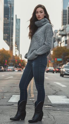 a woman wears sweater, jeans and cowboy boots, western outfits Winter Outfits Country, Casual Cowboy Boots Outfit, Cowboy Boots With Jeans, Sweaters Outfit Ideas, Cowboy Boots Jeans, Chic Western Outfits, Modern Cowgirl Outfits