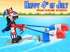 a cartoon character is pulling two mailboxes in the water with an american flag on it