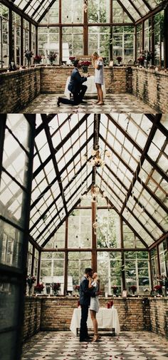 a man and woman are kissing in a greenhouse