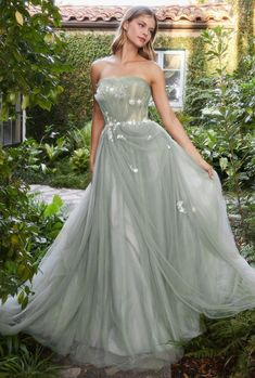 Andrea & Leo A1015 Strapless Drape Ball Gown Sage Modest Prom Gowns, Andrea And Leo, Colored Wedding Gowns, Tulle Balls, Pleated Drapes, Modest Prom, Tulle Ball Gown, Corset Bodice, Romantic Dress