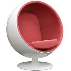 an egg chair with a red cushion and white base is shown in front of a white background