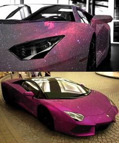 a pink sports car with glitter on the hood