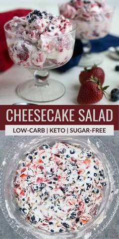 cheesecake salad in a glass bowl with berries and blueberries on top, next to the