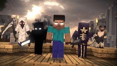 several minecraft characters standing in front of a cloudy sky