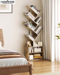 a bedroom with a bed, bookshelf and window in the corner next to it