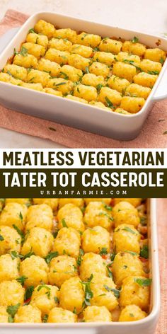 This Meatless Vegetarian Tater Tot Casserole is the perfect winter dish! Enjoy a warm dinner idea with creamy veggies topped with crispy tater tots. With only 10 minutes of prep time, it's one of the best comfort food recipes for cozy nights! Meatless Easy Dinner Recipes, Hearty Meatless Meals, Vegetarian Hotdish, Quick Vegetarian Dinner Ideas, Tater Tot Casserole No Meat, Kids Vegetarian Meals, Whole 30 Vegetarian Recipes, Vegetarian Tater Tot Casserole, Vegan Tater Tot Casserole