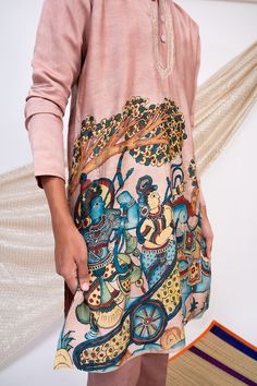 Pink full sleeves kurta with ancient Sena Kalamkari print and zardozi embroidered highlights on the placket. Paired with a pant. - Aza Fashions Digital Print Long Sleeve Sets For Navratri, Navratri Salwar Kameez With Digital Print, Traditional Cotton Kurta With Digital Print, Bohemian Kurta With Digital Print For Diwali, Bohemian Digital Print Kurta For Diwali, Navratri Long Sleeve Kurta With Woven Motifs, Salwar Kameez With Kalamkari Print For Transitional Season, Long Sleeve Salwar Kameez With Motifs For Festivals, Traditional Long Sleeve Salwar Kameez With Digital Print