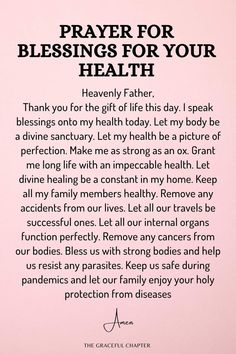 a poem written in black on a pink background with the words prayer for blessings for your health