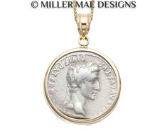 This delicate charm necklace features a genuine Augustus coin from 27 B.C.-14 A.D. set with a 14k gold setting.  AUGUSTUS: The first and one of the most famous, Octavius Augustus was the first emperor of the Roman Empire; which he founded after defeating Cleopatra and Marc Anthony.  He had an extremely long successful and expansive reign of 44 years.   * Fine Augustus Coin - Lugdunum Mint  * Front: Head of Augustus Wearing Laurel Wreath * Back: Gaius & Lucius (grandsons of Augustus) standing, with a hand resting on a round shield, a spear, & a lituus right & simpulum left above them * Pendant Drop: 28.27mm/1.11 inches * Pendant Width: 20.06mm/0.79 inches * Pendant Only or with 14k Wheat Chain 0.8mm Thickness; Adjustable to 16, 17, and 18 inches ** PLEASE NOTE: This is the exact coin you wi Classic Coin Necklace With Polished Finish, Classic Coin Shaped Necklace With Polished Finish, Classic Stamped 14k Coin Jewelry, Classic 14k Stamped Coin Jewelry, Classic Coin-shaped Tarnish-resistant Jewelry, Classic Coin Jewelry Tarnish Resistant, Classic Tarnish-resistant Coin Jewelry, Classic Yellow Gold Jewelry With Coin Pendant, Commemorative White Gold Necklace With Coin Pendant