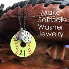 a baseball mitt with a necklace that says make softball washer jewelry