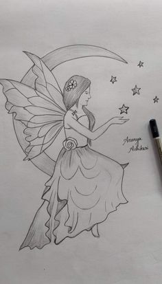 a drawing of a fairy sitting on the moon