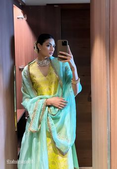 Athiya Shetty Indian Wear, Blue Colour Combinations Dress, Stylish Indian Outfits Wedding Ideas, Turquoise Outfit Aesthetic, Yellow Colour Combination, Turquoise Suit, Haldi Outfits, Trendy Outfits Indian, Yellow Suit