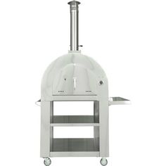 an outdoor pizza oven on wheels with the door open and one side opened to show it's cooking area