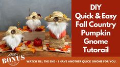 two gnomes made out of pumpkins sitting on top of wooden boxes with text overlay