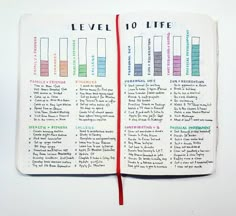 an open notebook with the words level 101 life written in different colors and numbers on it