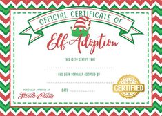 the certificate for elf adoption is shown in red and green chevroned paper with an image