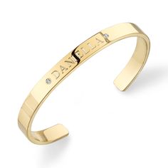 One of our best selling styles, the CIELA bangle is beautiful worn solo or layered. Measuring 6mm in height and 1.5mm thick, the CIELA bangle is oval shaped to fit the shape of the wrist, and measures 5.25" (point to point) with a 1" adjustable opening to fit most adult wrists. Bangle features two handset .01ct. diamonds. Option to engrave up to 15 characters in the center of the bangle. Letters, dates, roman numerals, coordinates, numbers and select symbols (♥,+, &, /, -) can all be engrave Personalised Bangle, Modern Gold Jewelry, Moms Bracelet, Gold Text, Initial Ring, Cartier Love Bracelet, Roman Numerals, Signet Ring, Gold Vermeil