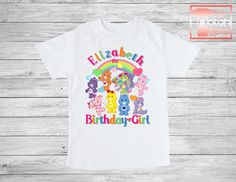 Looking for the perfect Care Bears shirts for that special Birthday Boy or Girl? You've found it!! Whether its just the Birthday boy/girl looking to stand out or the whole family looking to make a matching statement, these are the perfect tee's. Custom made with that special someone's name and age! Super soft, comfortable and made to last you wont regret taking your party to the next level with these awesome shirts!! Please don't forget to specify birthday boy or birthday girl. Please take the p Cute Birthday T-shirt With Character Print, Cute Birthday T-shirt, Pre-shrunk, Personalized Multicolor Birthday T-shirt, Fun Personalized T-shirt For Birthday, Cute Character Print T-shirt For Birthday, Multicolor T-shirt For Birthday And End Of School Year, End Of School Year Birthday T-shirt With Name Print, Family Birthday Shirts, Family Birthday