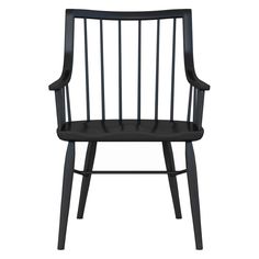 a black wooden chair with arms and legs on an isolated white background for use in interior or exterior design