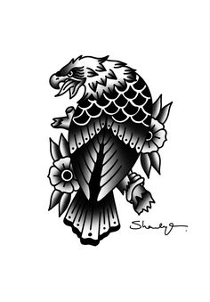 a black and white drawing of an eagle with leaves on it's back side