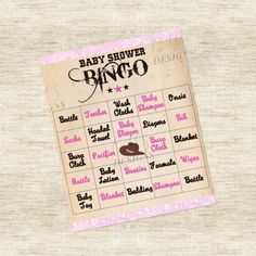 the baby shower bingo game is shown on a piece of paper with pink writing and numbers