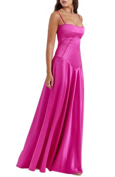 A sculpting corset-inspired bodice shapes this glamorous satin gown punctuated with a laced-up back. Exclusive retailer 52" length (size X-Large) Square neck Adjustable straps Unlined 75% acetate, 25% polyester with 80% polyamide 20% elastane contrast Dry clean Imported Bodycon Maxi Dresses, Black Evening Dresses, Satin Gown, Satin Maxi, House Of Cb, Satin Maxi Dress, Spaghetti Strap Dresses, Corsets, Elegant Dress