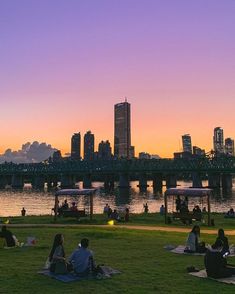 people are sitting on the grass in front of a river with a bridge and buildings