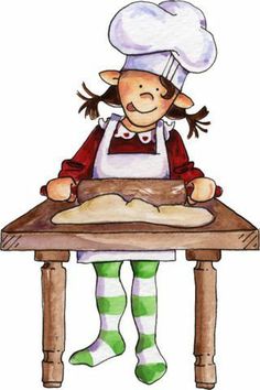 a drawing of a girl making bread on a table