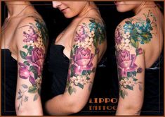 two women with tattoos on their arms and arm sleeves, both have flowers in them