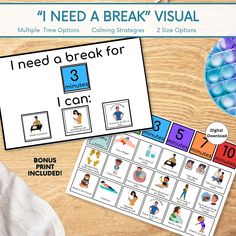 the i need a break visual game is displayed on a wooden table with other items