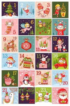 the christmas calendar is decorated with animals and snowman's in red, green, pink