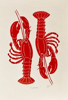 a red and white drawing of lobsters with claws on their backs, facing opposite directions