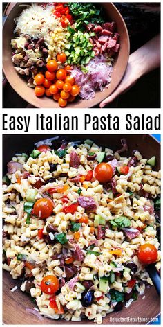 pasta salad with tomatoes, onions and other vegetables is shown in two different pictures one has an easy italian pasta salad