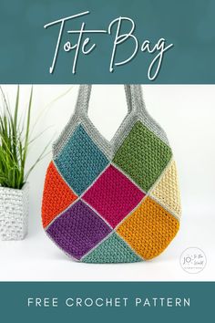 the free crochet tote bag pattern is shown with text overlaying it