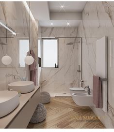 a bathroom with marble walls and flooring