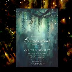 an image of a wedding card that is in front of a tree with lights on it