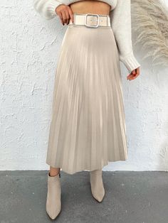 Pleated Skirt Without Belt Apricot Elegant   PU Leather Plain Pleated Slight Stretch  Women Clothing, size features are:Bust: ,Length: ,Sleeve Length: Silk Stockings, Over The Knee Socks, Khaki Shorts, Green Stripes, Kid Shoes, Pleated Skirt, All Fashion, Women Clothing, Clothing And Shoes