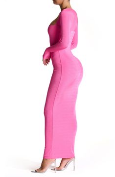 With a fit like second skin, this figure-hugging maxi is sure to be a go-to for brunch or date night thanks to the stretchy fabric and pretty-pink hue. 58" length (size Small) Square neck Long sleeves Lined 95% polyester, 5% spandex Hand wash, line dry Imported Fitted Solid Maxi Length Bodycon Dress, Long Fitted Dress In A Specific Color, Chic Long Fitted Bodycon Dress, Chic Long Bodycon Dress, Long Fitted Solid Color Dresses, Solid Color Long Fitted Dress, Long Bodycon Dress In Solid Color, Solid Stretch Bodycon Dress With Flattering Silhouette, Solid Color Fitted Long Sleeve Maxi Dress