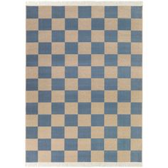 a blue and beige rug with checkered squares on the front, in two different colors