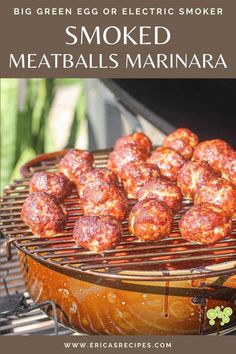 smoked meatballs on grill rack over Dutch oven Smoked Ham Balls, Traeger Smoked Meatballs, Smoked Italian Meatballs, Smoked Chicken Meatballs, Traeger Ideas, Marinara Meatballs, Bge Recipes, Smoked Meatballs, Food Ninja