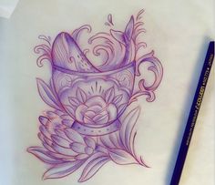 a drawing of a vase with flowers on it and a pencil in the foreground